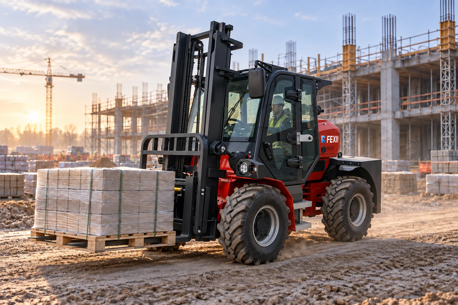 Concept visualization of a branded FEXII 4WD rough terrain forklift carrying secured building materials on an active construction site.