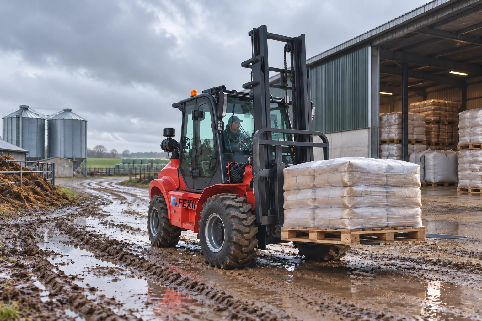 Concept visualization of a branded FEXII 4WD rough terrain forklift carrying a secured pallet across a muddy farm yard.