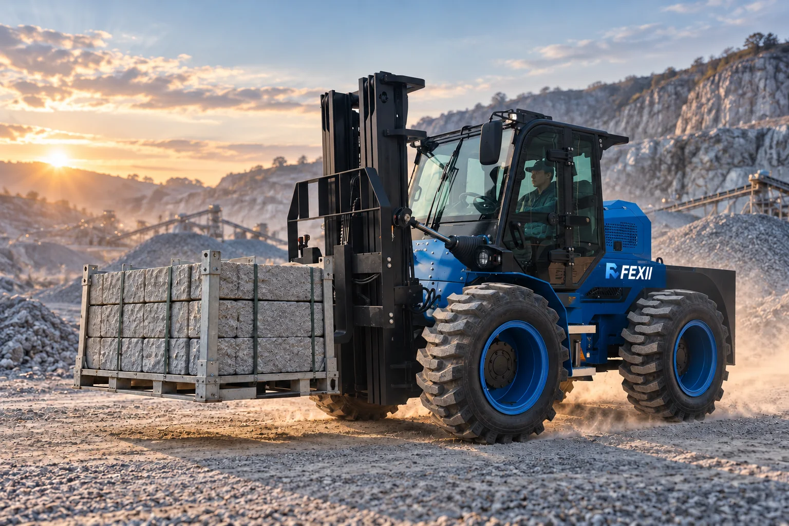 Concept visualization of a branded FEXII 4WD rough terrain forklift moving secured palletized stone through a quarry yard.