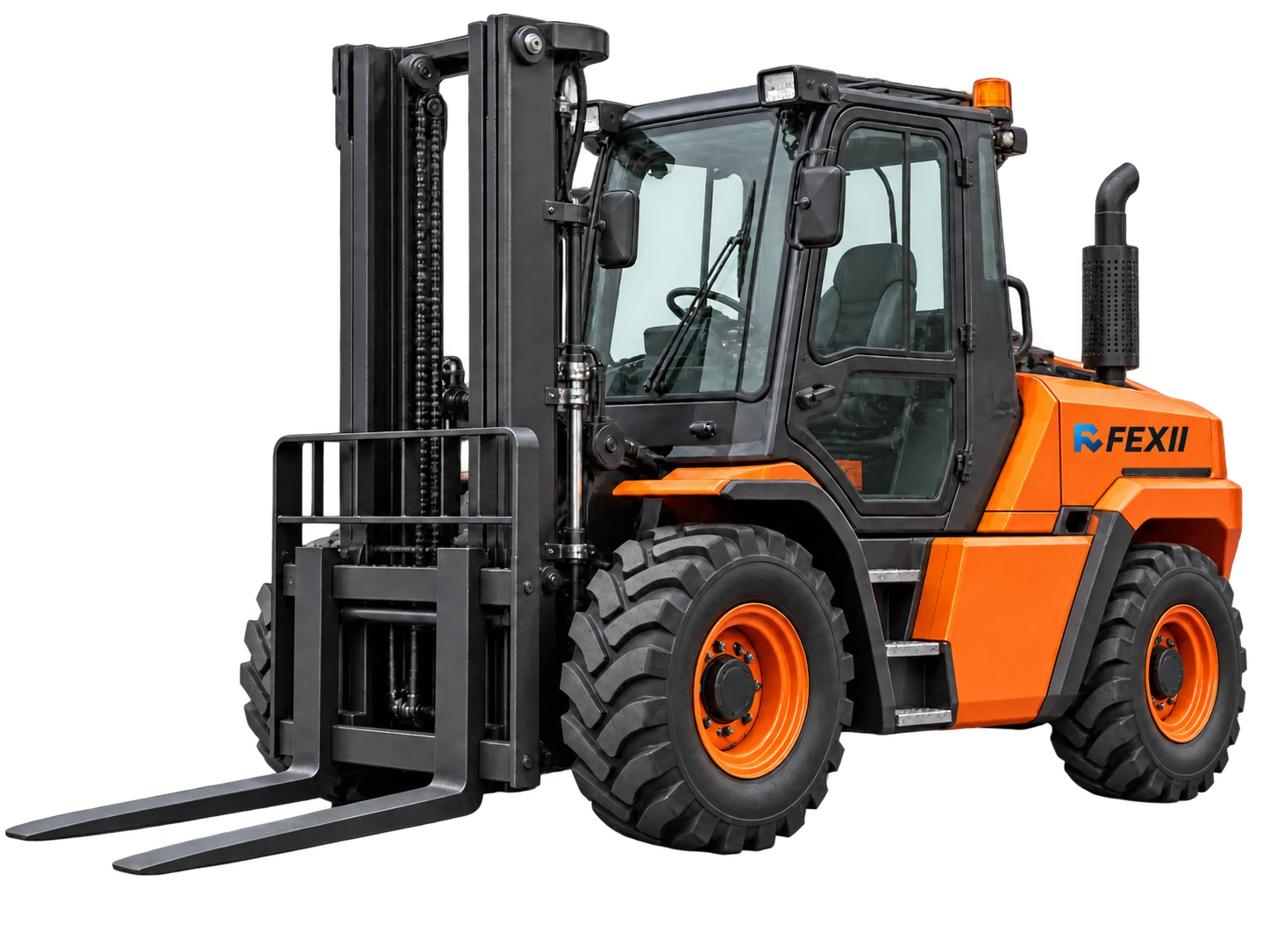 Concept family preview of a branded FEXII classic front-steering 4WD rough terrain forklift.