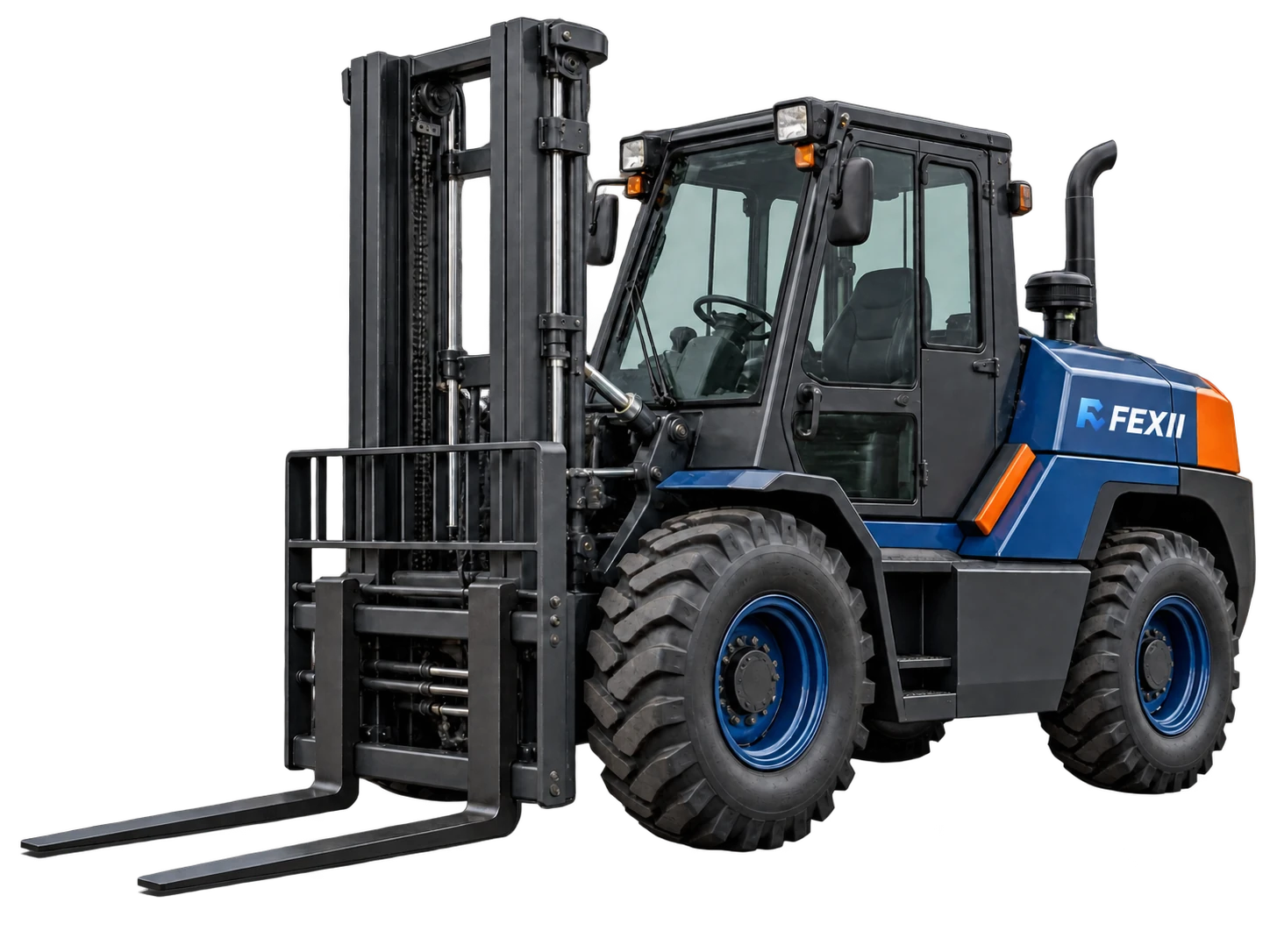 Concept family preview of a branded FEXII classic rear-steering 4WD rough terrain forklift.