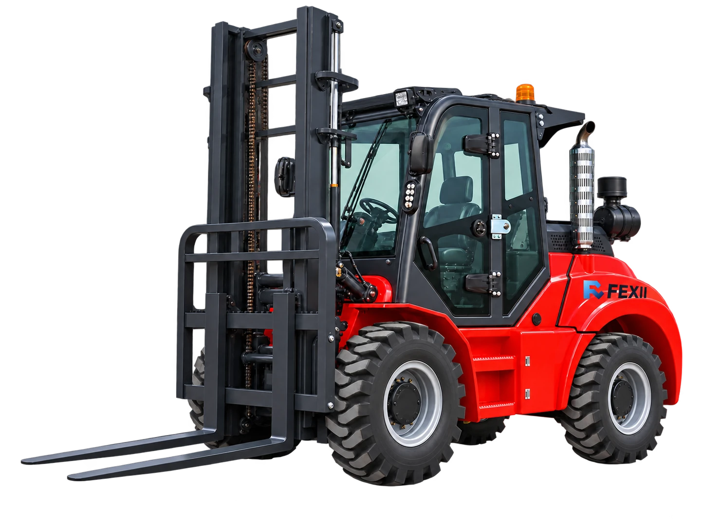 Reference-based visualization of a branded FEXII Integrated 3.5T rough terrain forklift.