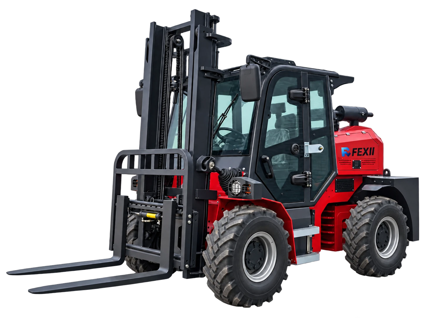 Reference-based visualization of a branded FEXII New 3.5T rear-steering rough terrain forklift.