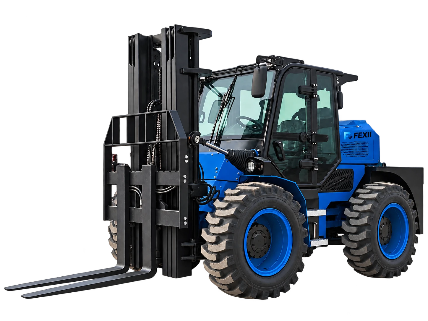 Reference-based visualization of a branded FEXII New 5T rear-steering rough terrain forklift.